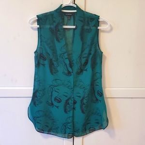 Green sheer blouse with Marilyn Monroe print XS